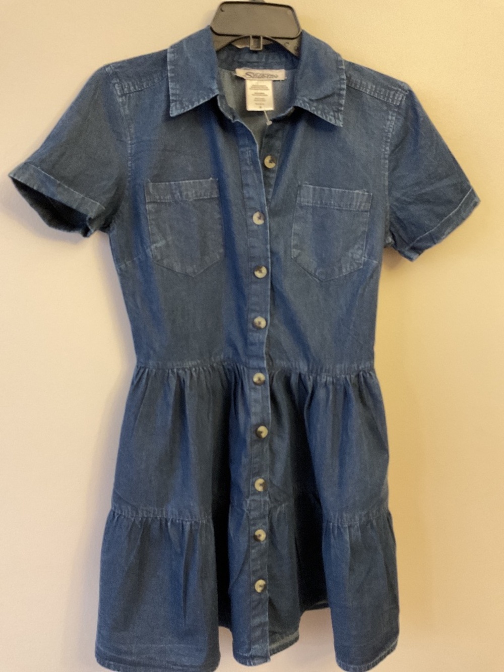 Navy Blue Denim Button-Front Dress button up pockets on the side